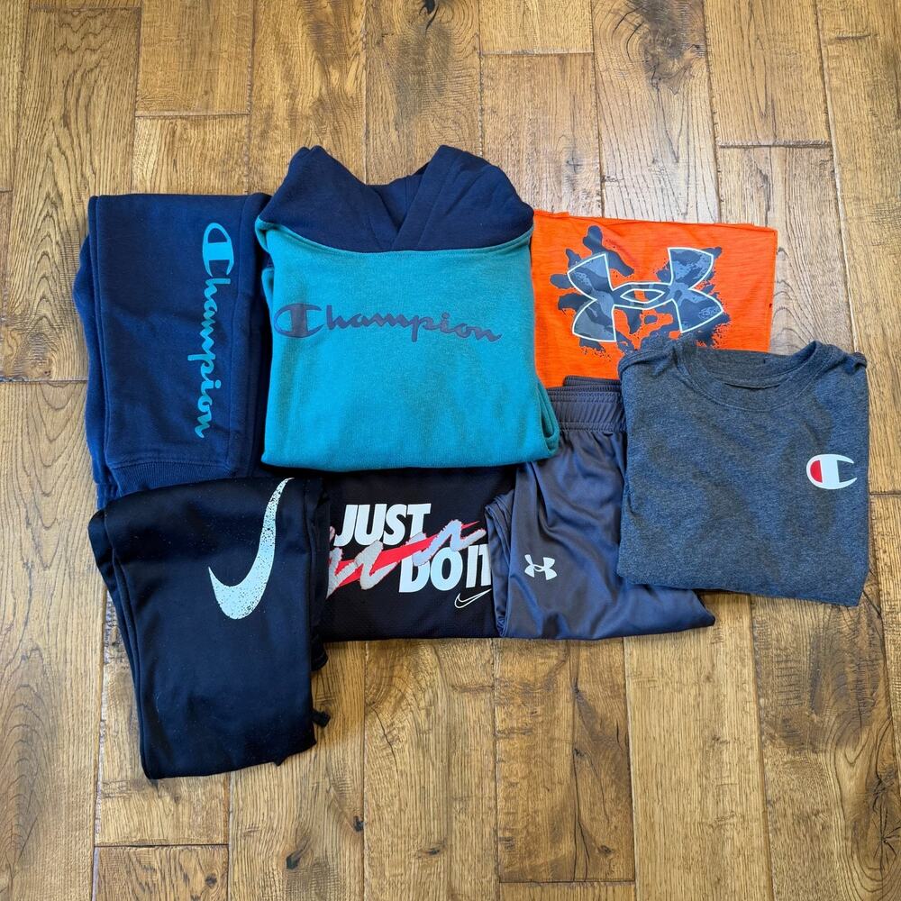 Lot of 7 Boys Winter Size 7 Athletic Clothing UA, Champion, Nike Shirts Pants